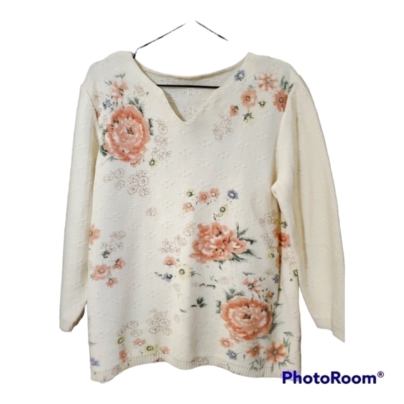 ❄️vintage cream knit floral print long sleeve pullover sweater - Picture 1 of 5